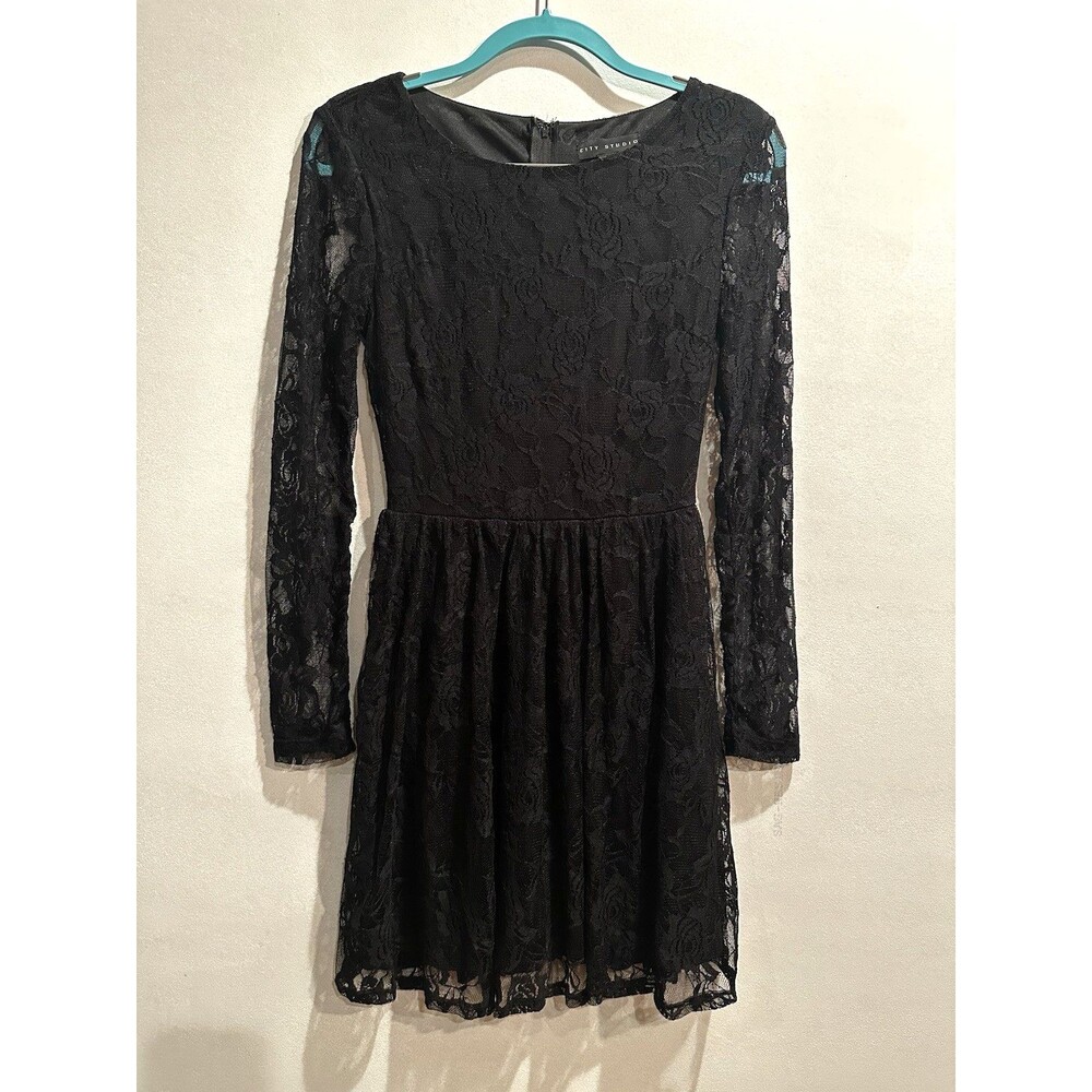 City Studio Juniors 5 Black Lace Mini Dress Sheer Sleeve Cocktail Gala Party